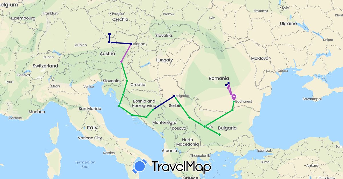 TravelMap itinerary: driving, bus, train in Austria, Bosnia and Herzegovina, Bulgaria, Czech Republic, Croatia, Romania, Serbia (Europe)